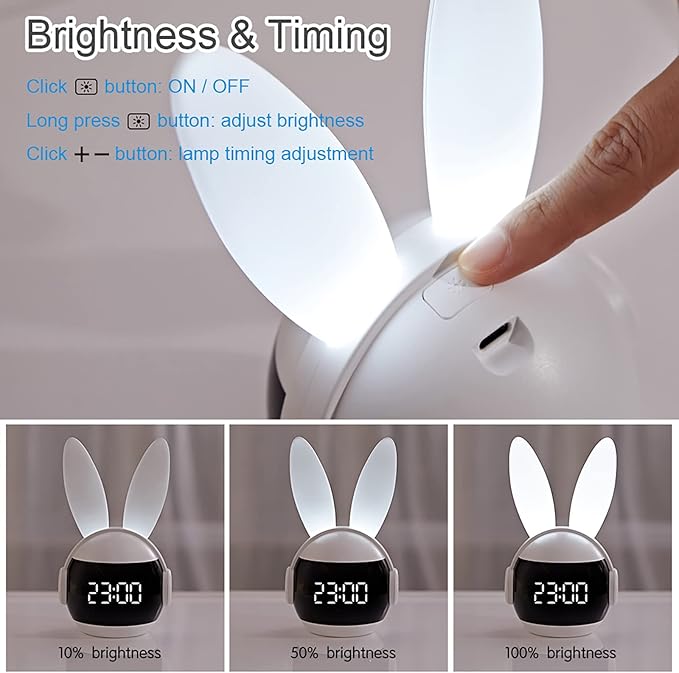 Kids Alarm Clock for Kids, Bunny Alarm Clocks for Girls Boys, White Kid Alarm Clock with Ringtones & Night Light Rechargeable Snoozing-CubbioJoy