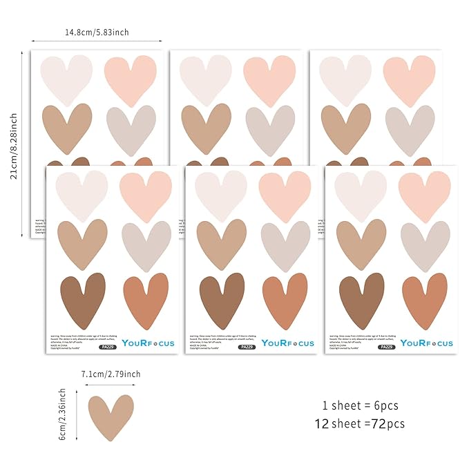 Boho Wall Decal for Girls Bedroom 72 PCS, Boho Heart Wall Stickers Peel and Stick for Nursery Kids Room Décor, Removable Wall Decals Vinyl Murals DIY Cute Decorations (12 Sheets)-CubbioJoy