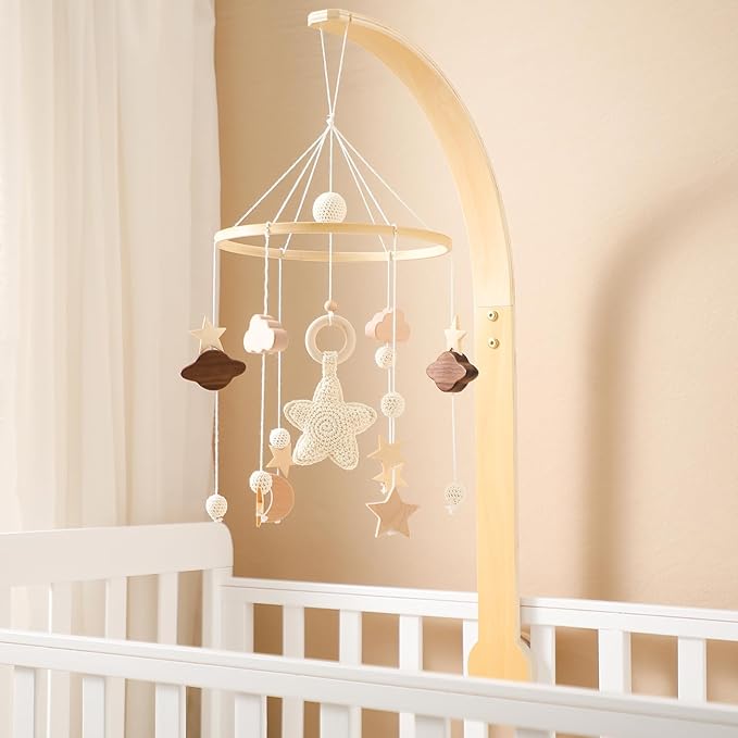 Baby Crib Mobile with Arm Boho Star Moon Nursery Mobile Set Wooden Baby Mobile Holder for Hanging Nursery Decor Ceiling Mobile-CubbioJoy