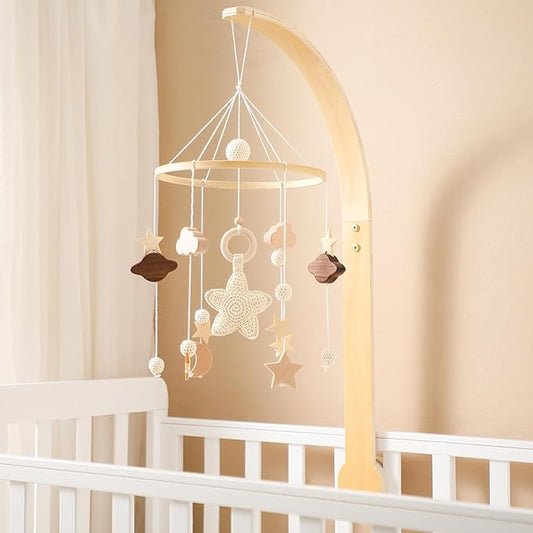 Baby Crib Mobile with Arm Boho Star Moon Nursery Mobile Set Wooden Baby Mobile Holder for Hanging Nursery Decor Ceiling Mobile-CubbioJoy