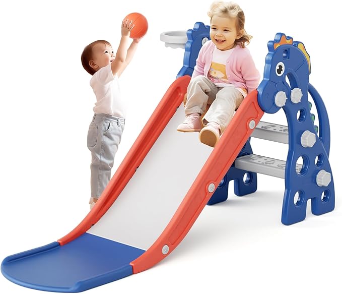 67i Toddler Slide for Indoor & Outdoor Play with Basketball Hoop, Anti-Slip Steps, 46.8in Baby Climber (Blue)-CubbioJoy
