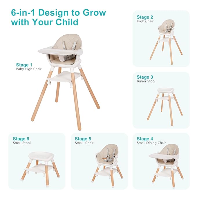 Baby High Chair, 6 in 1 Wooden Convertible High Chairs for Babies and Toddlers, Booster Seat with Double Tray & Reversible Footrest Baby Highchair, 5-Point Harness Baby Feeding Chair, Beige-CubbioJoy