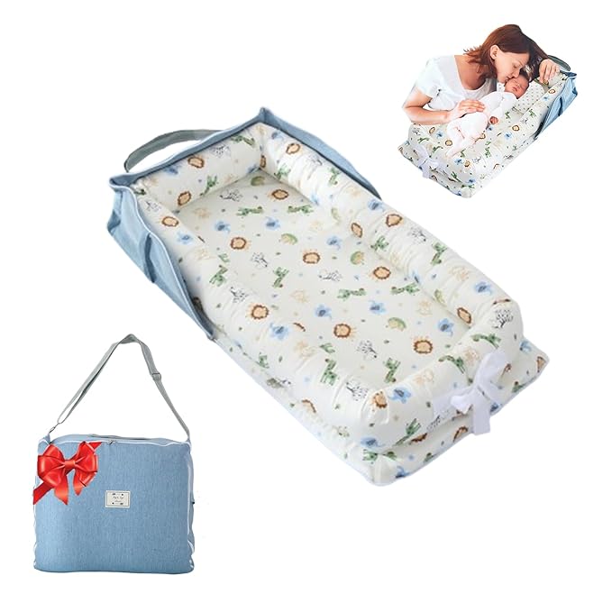 Baby Lounger for Newborn Portable Bag,Baby Nest Play Gym mat with Strap,Newborn Lounger Adjustable Size & Inner Zipper Lengthen Space to 24 Months,Animal World Blue-CubbioJoy