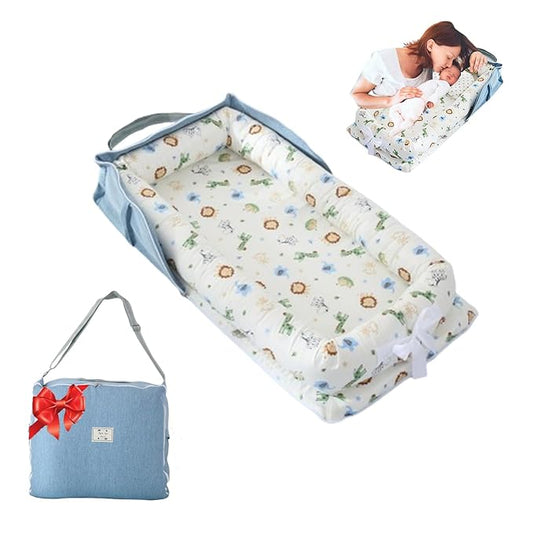 Baby Lounger for Newborn Portable Bag,Baby Nest Play Gym mat with Strap,Newborn Lounger Adjustable Size & Inner Zipper Lengthen Space to 24 Months,Animal World Blue-CubbioJoy