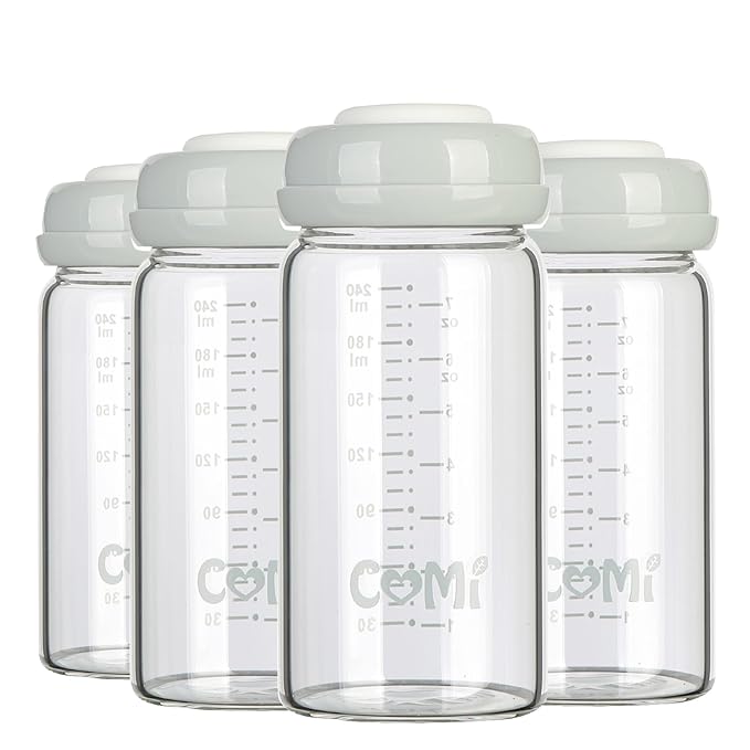 COMI Wide Neck Glass Breastmilk Collection n Storage Bottle, 8oz with Screw Ring Sealing Disk; Re-markable Sealing Disc. BPA Free, Fits Breast Pumps & Nipples (4 Gray Lids)-CubbioJoy