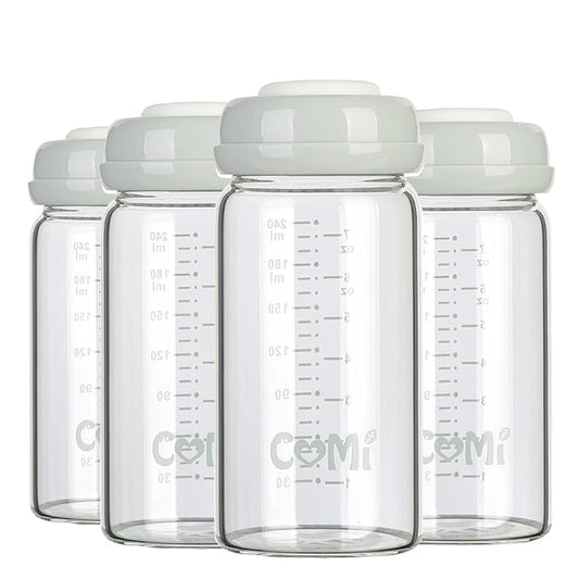 COMI Wide Neck Glass Breastmilk Collection n Storage Bottle, 8oz with Screw Ring Sealing Disk; Re-markable Sealing Disc. BPA Free, Fits Breast Pumps & Nipples (4 Gray Lids)-CubbioJoy