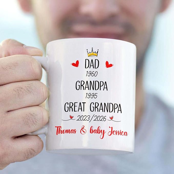 Dad Grandpa Great Grandpa EST 2026 Coffee Mug 11 15 Oz, Novelty Accent Ceramic Cup Gift For Pregnancy Announcement, Customized Choose Year & Name White Coffee Cup New Great-Grandfather Grandad Pawpaw-CubbioJoy