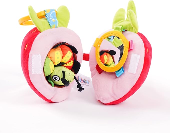 Jollybaby Newborn Plush Stuffed Fruit Rattle Toy for Stroller Car Seat Crib, Montessori Sensory Plush Strawberry Toy with Rattle and Mirro Toy for Baby 0-6-12 Month, Infant Baby Boy Girl Shower Gift-CubbioJoy