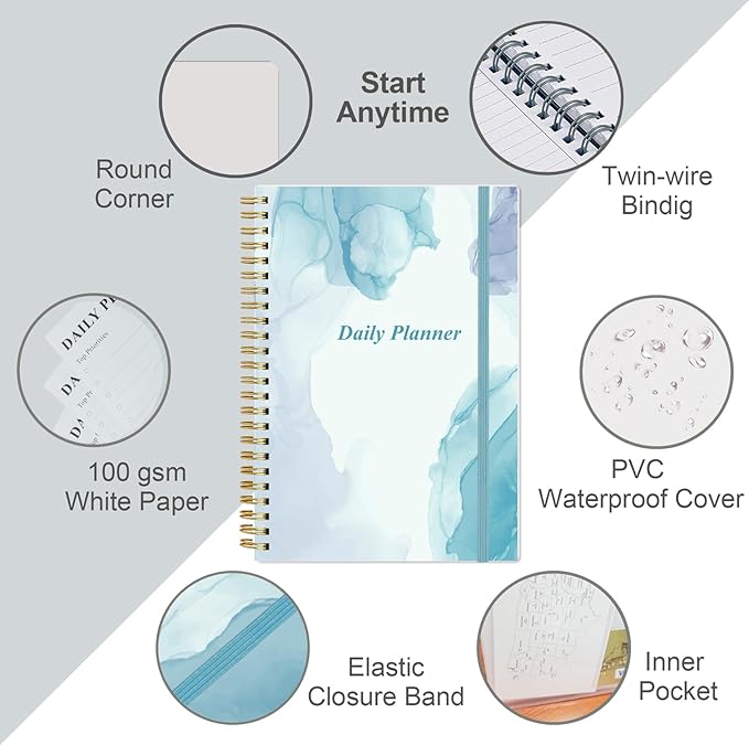 Daily Planner Undated - A5 To Do List Notebook Hourly Schedules, Spiral Appointment Planner for Women and Men, PVC Hardcover, Inner Pocket, Elastic Closure, 5.8" x 8.3", Blue Watercolor-CubbioJoy
