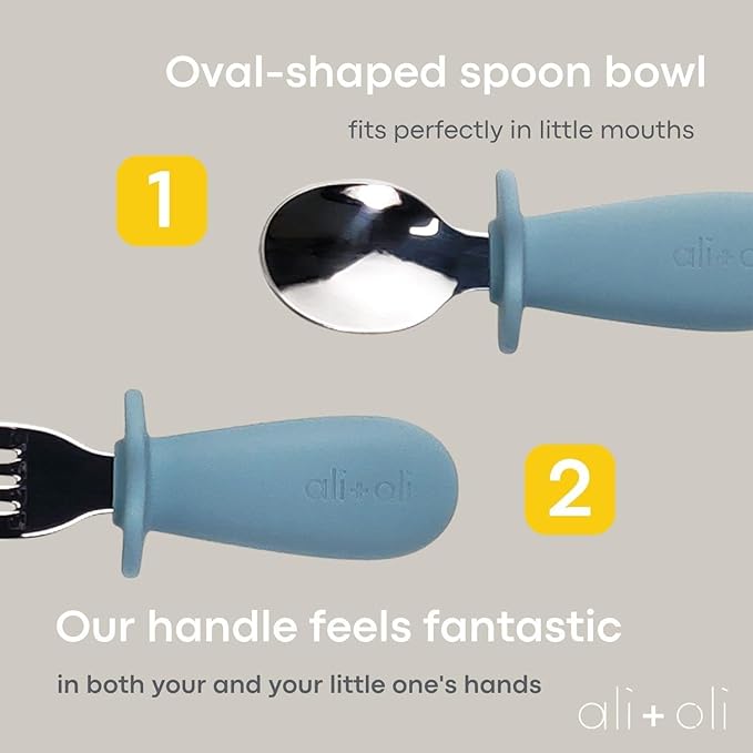 Ali+Oli Spoon & Fork Learning Set for Toddlers (Powder Blue) 6m+ Grab Easy BPA Free Food-Grade Silicone Handle, Kids Silverware Self Feeding Baby Utensil, Multi-stage Baby Feeding Set Ergonomic Design-CubbioJoy