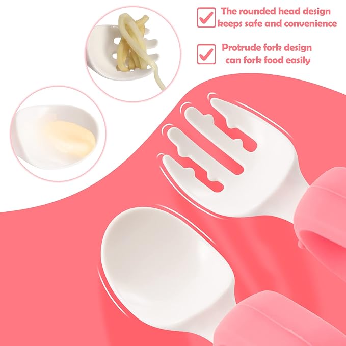 Baby Self Feeding Training Spoon and Fork Set with Travel Case, BPA-Free Cute Circle Toddler Training Utensils, Silicone/ABS Great Tableware Set Spoons Fork for Kids(Yellow)-CubbioJoy