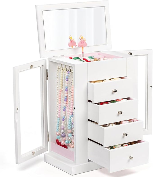 Jewelry Box for Girls, Musical Jewelry Box with Spinning Dancer Gifts for Little Girls Christmas New Year Birthday Children's Day, 5 Layer Large Wooden Kids Music Jewelry Organizer Box(White)-CubbioJoy