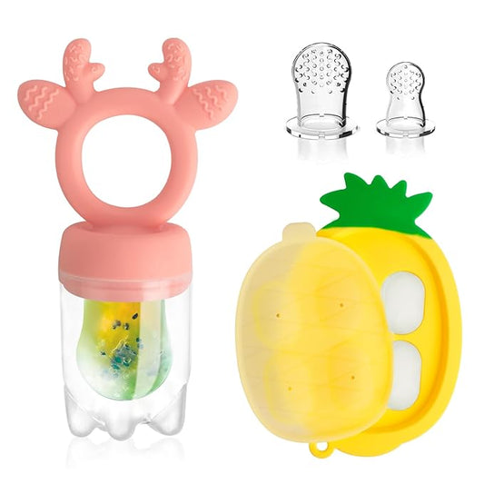 Baby Fruit Food Feeder - Silicone Nibble Tray Combo - Breastmilk Popsicle Mold for Cooling Relief, BPA Free Mesh Feeder for Infant Self Feeding (Deer Pink + Pineapple)-CubbioJoy