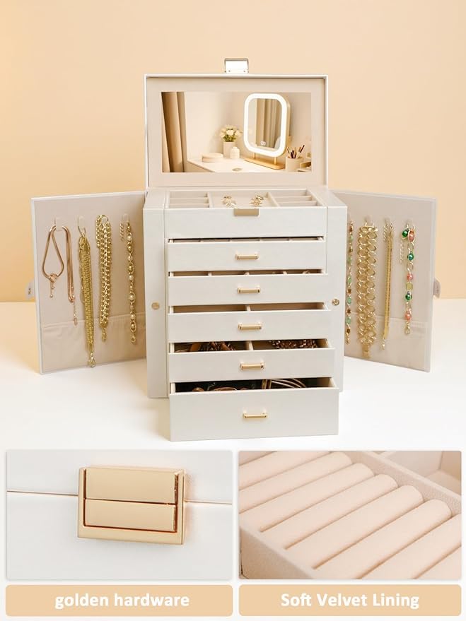 BOOVO Jewelry Box For women, 6 Layer Large Jewelry Organizer With Mirror, Multi-Function Storage Box With Lock, Necklace Holder With 5 Drawers, For Earrings Necklace Bracelet (Pearl White and Gold)-CubbioJoy