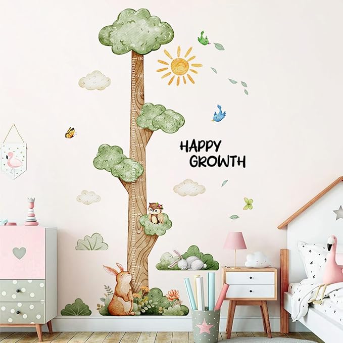 3D Cartoon Height Growth Chart for Kids Wall Stickers Removable DIY Jungle Animals and Plants Height Sticker Peel and Stick Sun White Clouds Wall Art Decor for Nursery Kids Bedroom Living Room-CubbioJoy