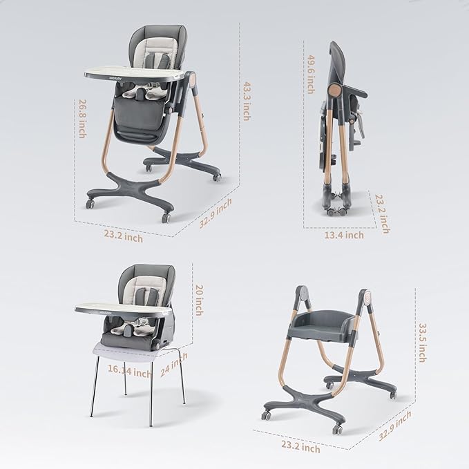 6 in 1 Convertible High Chairs for Babies and Toddlers,Portable High Chair with Dishwasher Tray and 4 Wheel,Booster Seat for Dining Table,Foldable Toddle and Baby Feeding Highchair (Gold-Grey)-CubbioJoy