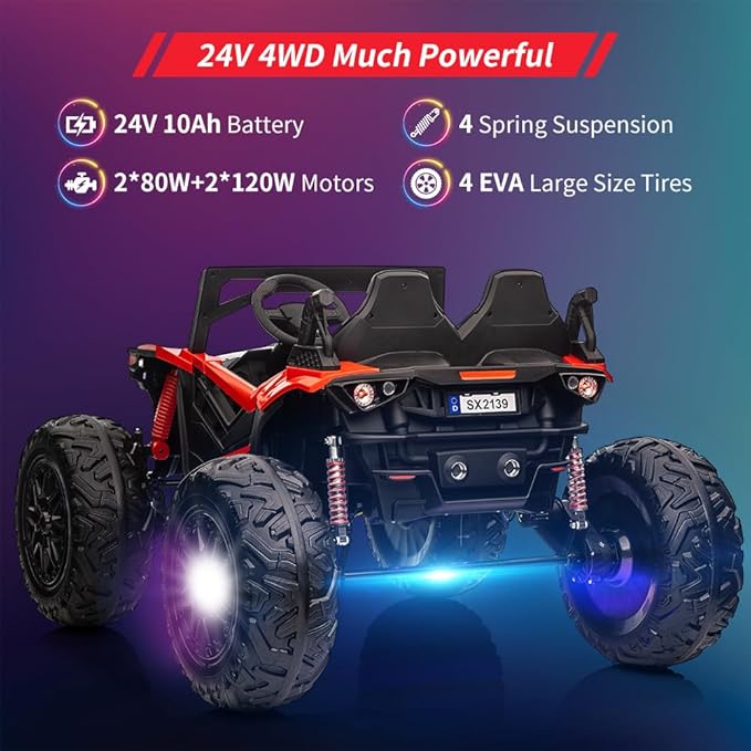 2 Seaters 24V Ride on UTV with Remote Control,10AH Battery, 400W Powerful Motors with 17" EVA Wheels, 20.5“ Seat Width Electric Ride Toy with Metal Suspension,LED Lights,Music,Horn (Red)-CubbioJoy