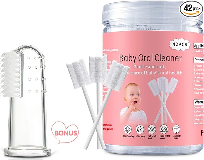 Baby Tongue Cleaner, Baby Toothbrush, 42Pcs Disposable Infant Toothbrush Clean Baby Mouth,Gauze Gum Cleaner Toothbrush Baby Oral Cleaning Stick Dental Care for 0-36 Month Baby+Free 1 Finger Toothbrush-CubbioJoy