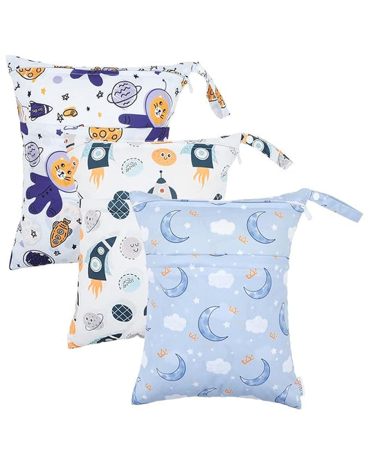 ALVABABY 3 Cloth Diaper Wet Dry Bags Waterproof Reusable with Two Zippered Pockets Travel Beach Pool Daycare Soiled Baby Items Yoga Gym Bag for Swimsuits or Wet Clothes Small Medium Large 3L-ZM28-CubbioJoy