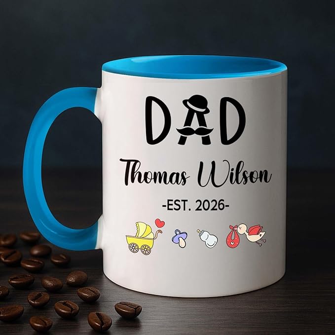 Dad EST 2026 Coffee Mug Gift For First Time Dad or Soon To Be Father, Customized Best Daddy Ever Accent Cup Gift For New Papa Father Grandfather, Personalized Year Name Papa White Ceramic Mug 11 15Oz-CubbioJoy
