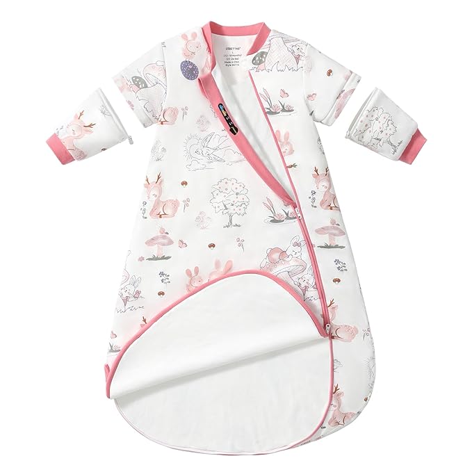 Baby Sleep Sack 3-6 Months, Cotton Detachable Long Sleeve Sleep Sack, 1.0 Tog Toddler Sleeping Sack with Temperature Strips, 2-Way Zipper Wearable Blankets for Newborns, Bunny-CubbioJoy