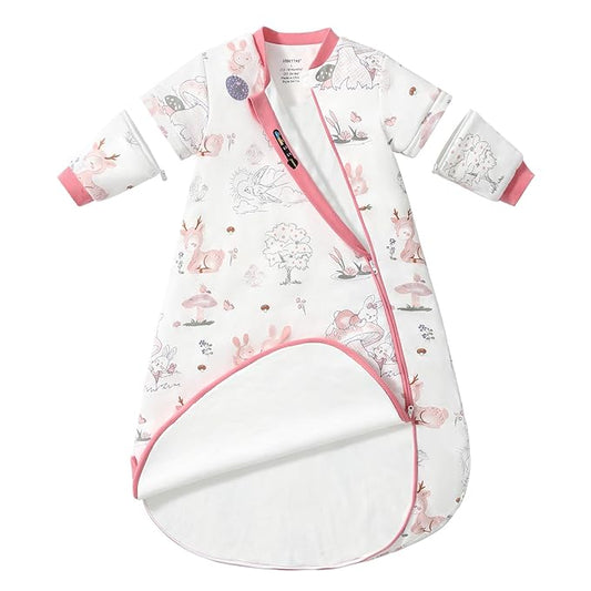 Baby Sleep Sack 3-6 Months, Cotton Detachable Long Sleeve Sleep Sack, 1.0 Tog Toddler Sleeping Sack with Temperature Strips, 2-Way Zipper Wearable Blankets for Newborns, Bunny-CubbioJoy