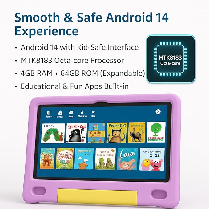 10.1 Inch Kids Tablet with Shockproof Case | Android 14, 64GB+8GB RAM, 12H Battery | Parental Control, Google Kids Space & Preloaded Educational Apps | WiFi 6, HD Display, Ages 3-12-CubbioJoy