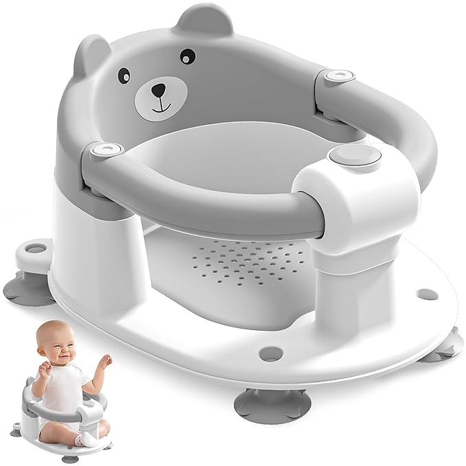 Baby Bath Seat for Babies 6 Months & up, Non-Slip Toddler Bath Seats for Babies Sitting Up, Safe Infant & Newborn Bathtub Chair with 4 Suction Cups & Soft Cushion for Shower,Gray-CubbioJoy