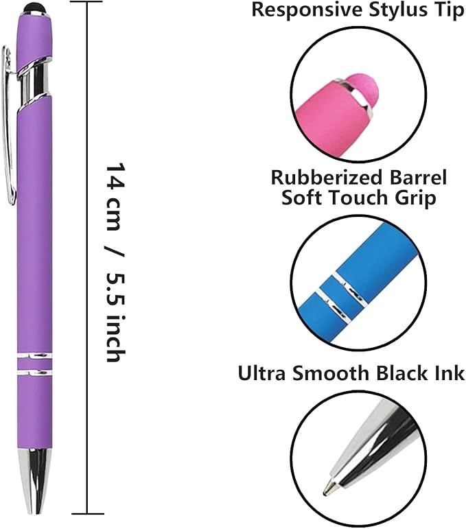 Ballpoint Pen with Stylus Tip, Soft Touch Click Metal Pen, 1.0mm Medium Point, Black Ink, 12 Count(Purple)-CubbioJoy