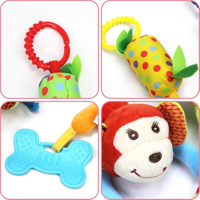 4 PCS Baby Soft Hanging Rattle Crinkle Squeaky Toy - Baby Toys for 0 3 6 9 to 1 Animal Ring Plush Stroller Infant Car Bed Crib Travel Activity Hanging Wind Chime with Teether for Boys Present-CubbioJoy