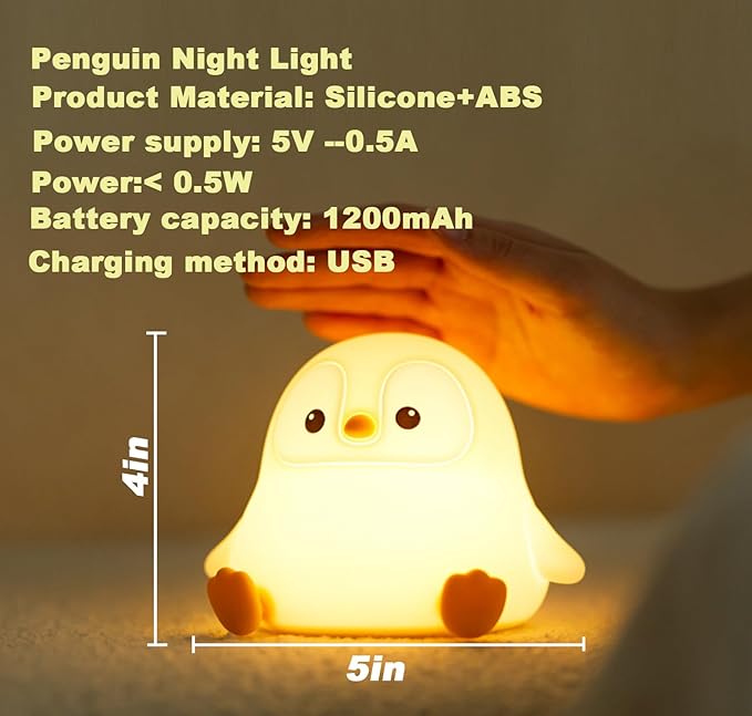 DREAMING MY DREAM Cute Penguin Night Light,LED Squishy Novelty Night Lamp,2 Levels Dimmable Nursery Bedroom Nightlight for Kids,Touch Lamp, Dorm Decor, Baby Boys Girls Gifts-CubbioJoy