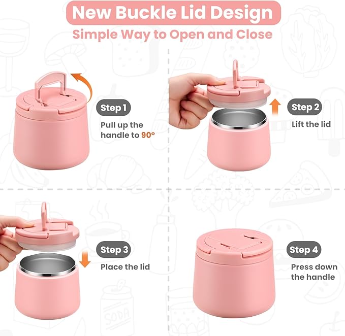 14oz Insulated Vacuum Food Jar with Buckle Lid,Soup Thermo for Hot Food Kids,Wide Mouth Leakproof Stainless Steel Lunch Container with Spoon-Pink-CubbioJoy