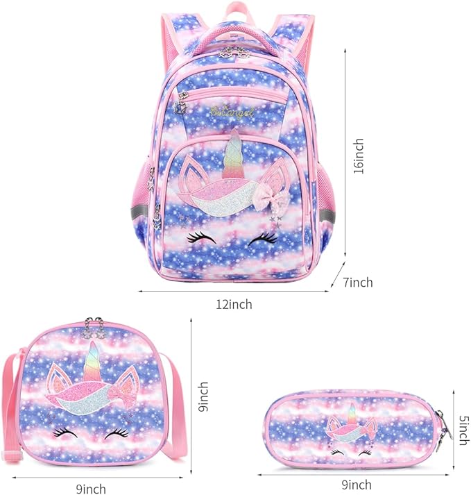 Cusangel Girls Backpack with Lunch Box Pencil Case,Cute Multi Compartment Preschool Elementary Primary Backpack for Girls Sky Unicorn 3pcs Backpack for Girls-CubbioJoy