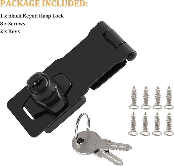Alise Keyed Hasp Lock,4 Inch Safety Packlock Clasp Hasps Latch,Black Door Hinge Lock with Keys Keyed Locking Hasps for Cabinet,Closet,Drawer, Barn,Fence,Garage Doors-CubbioJoy