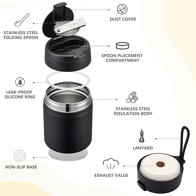17oz Soup Thermo for Hot Food Kids Insulated Vacuum Food Jar with Stainless Steel Spoon Wide Mouth Thermo Leakproof Lunch Food Container Kids Hot Lunch Box (Black)-CubbioJoy