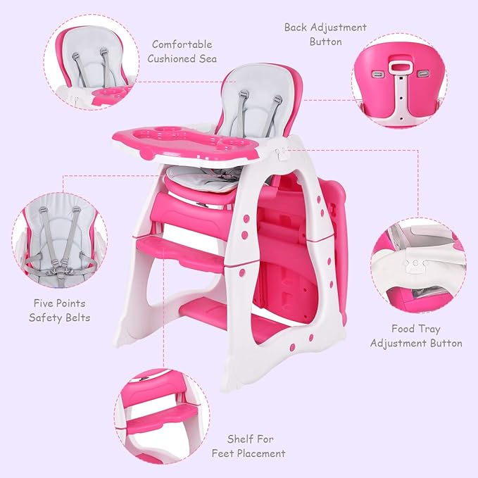 Costzon Baby High Chair, 3 in 1 Infant Table and Chair Set, Convertible Booster Seat with 3-Position Adjustable Feeding Tray, Adjustable Seat Back, 5-Point Harness (Pink)-CubbioJoy