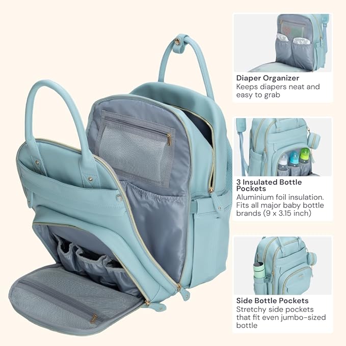 BabbleRoo Leather Diaper Bag Backpack - Baby Essentials Travel Baby Bag, Multi function, Waterproof, with Changing Pad, Stroller Straps & Pacifier Case – Unisex, Powder Blue-CubbioJoy