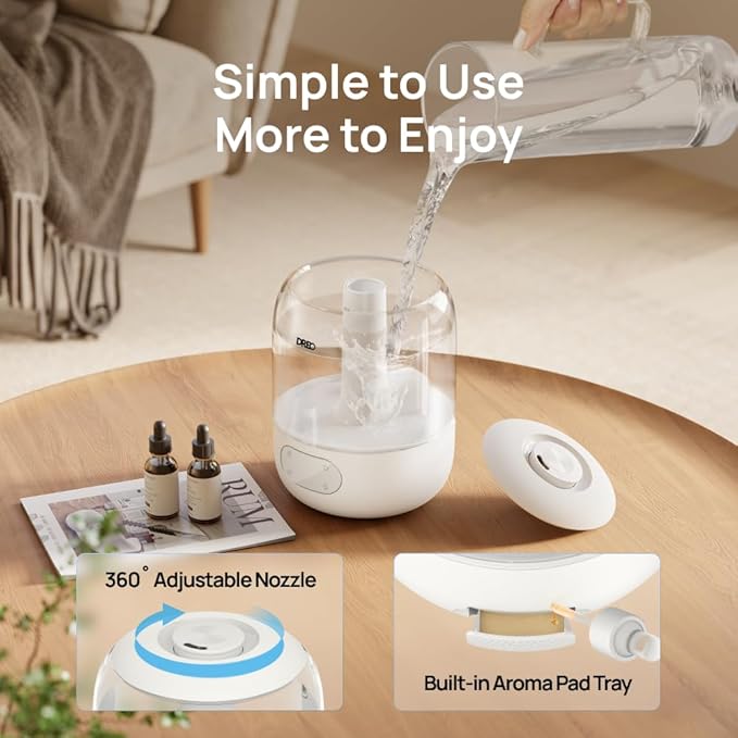 Dreo Humidifiers for Bedroom, 3L Top Fill 30H & 26dB Quiet Runtime for Large Room, Cool Mist Ultrasonic Humidifier with Humidity Sensor, Night Light for Home, Baby, Nursery, Plants, 360° Nozzle, White-CubbioJoy
