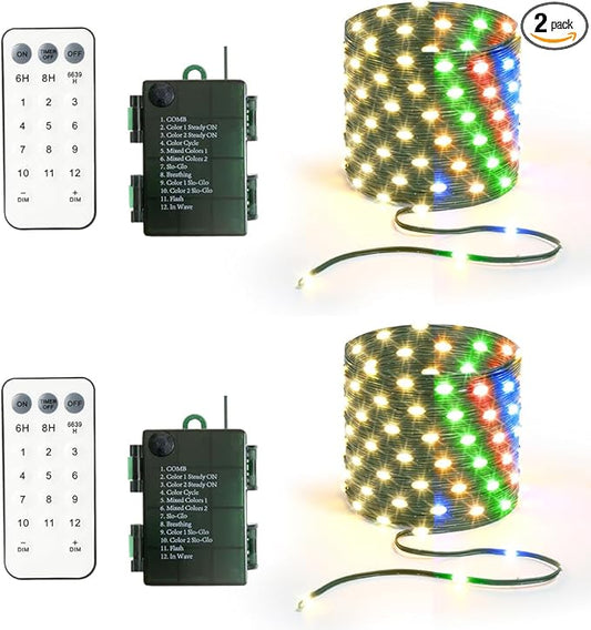 33ft Battery Operated String Lights (2 Pack), 100 LED Warm White & Multicolor Fairy String Lights Battery Powered w/Remote & Timer for Indoor Outdoor Christmas Trees Decoration Bedroom Patio-CubbioJoy