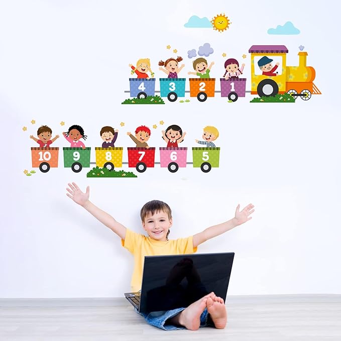 Alphabet Train Color Learning Educational Wall Decals Peel and Stick Cute Animal Wall Stickers for Educational Classroom Kids Playroom Bedroom Decorations (Train Numbers Reverse)-CubbioJoy