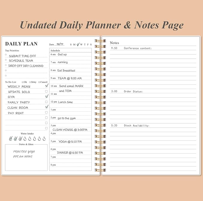 Daily Planner Undated - A5 To Do List Notebook Hourly Schedules, Spiral Appointment Planner for Women and Men, PVC Hardcover, Inner Pocket, Elastic Closure, 5.8" x 8.3", Rose Leaf-CubbioJoy
