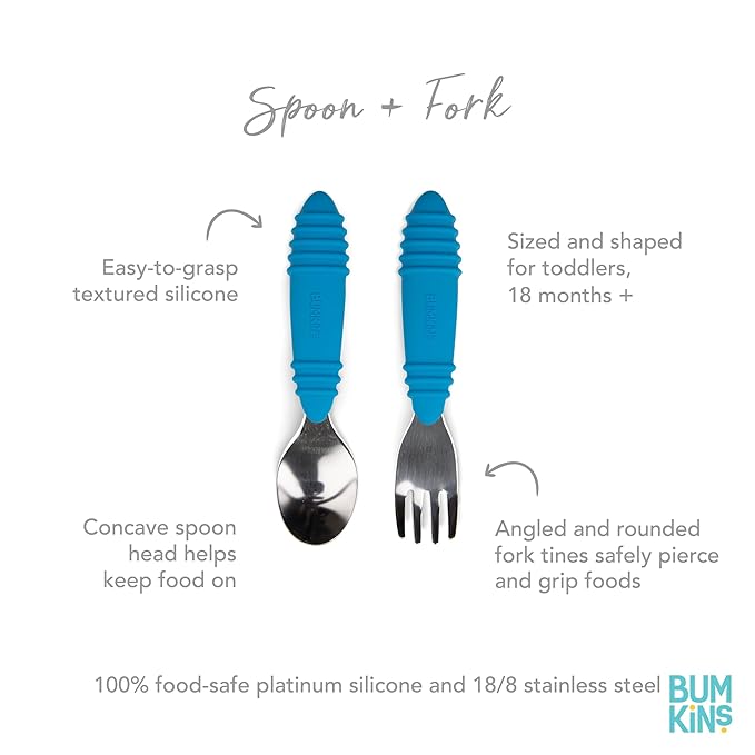Bumkins Toddler Utensils, Kids Size Fork and Spoon Set, Silicone and Stainless-Steel Training Silverware, Angled Forks / Sporks for Self-Feeding, Children Hold Learning to Eat, 18 Mos Up, Dark Blue-CubbioJoy