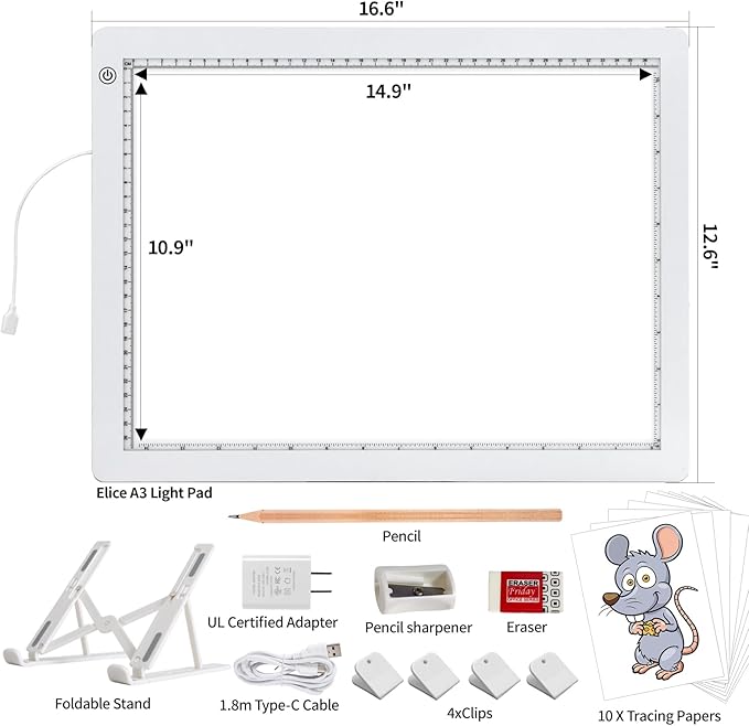 A3 LED Light Box for Tracing, elice Artist Drawing Lightbox Light Table Light Pad Light Copy Board, Up to 8000 Lux Super Bright Lightpad for Cricut Weeding Vinyl, Diamond Painting, Sketching (White)-CubbioJoy