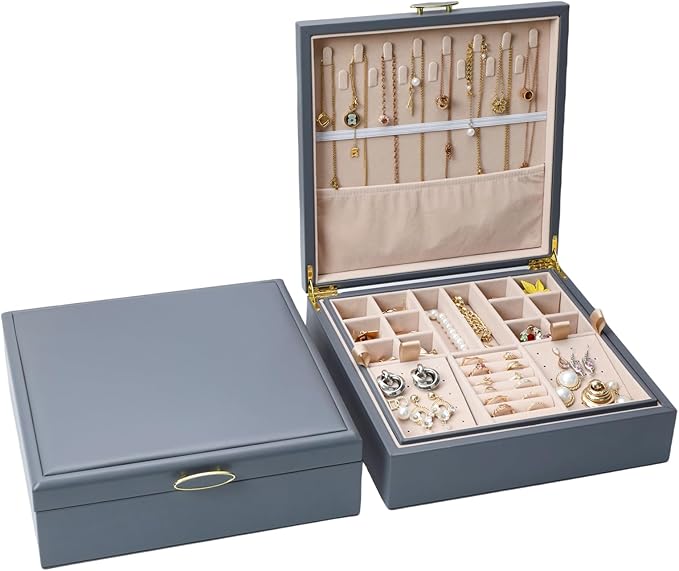 2-layer jewelry box，Jewelry Organizer with Handle，with hanging necklace hooks, detachable jewelry trays, suitable for storing a large amount of jewelry gift box (Large-Grey)-CubbioJoy