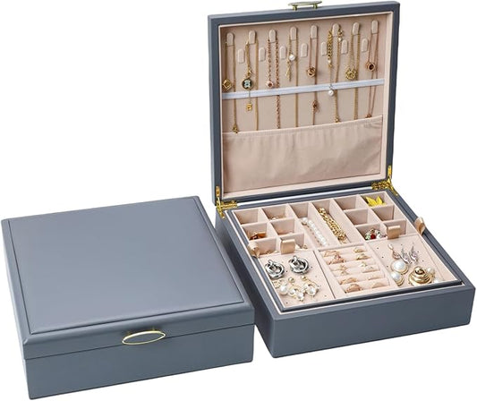2-layer jewelry box，Jewelry Organizer with Handle，with hanging necklace hooks, detachable jewelry trays, suitable for storing a large amount of jewelry gift box (Large-Grey)-CubbioJoy
