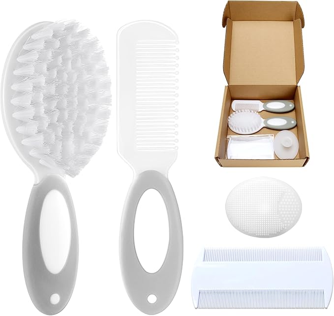 Baby Hair Brush and Comb Set, 4Pcs Baby Soft Bristles Brush Cradle Cap Brush Hair Comb for Newborns Toddlers Boys Girls (Grey)-CubbioJoy