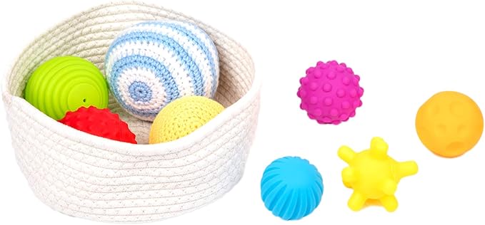 Adena Montessori 8 Pack Sensory Balls for Toddlers 1-3,Sensory Baby Toys 6-12 Months,Infant Educational Squeeze Sensory Toy Soft Multi Ball Set Gifts with Bright Color Textured with White Woven Basket-CubbioJoy