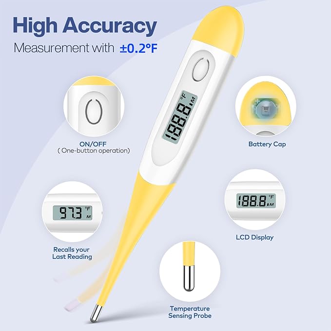 Boncare 10 Seconds Digital Thermometer for Adults and Kids - Accurate & Safe Rectal Thermometer for Baby with Fever Alarm, Oral Thermometer (Yellow)-CubbioJoy