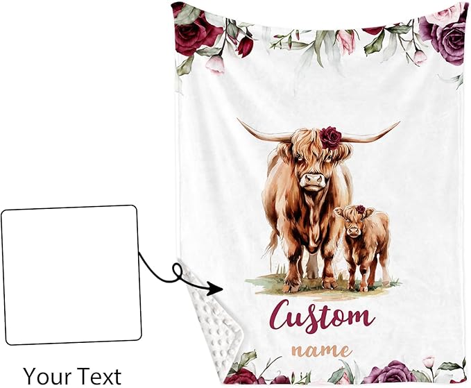 Custom Name Crib Bedding Set - Highland Cow Theme, Personalized Rose Floral Nursery Bedding 3-Piece Set– Soft Blanket, Fitted Sheet, Changing Pad Cover – for Newborns Girls Nursery Gifts-CubbioJoy