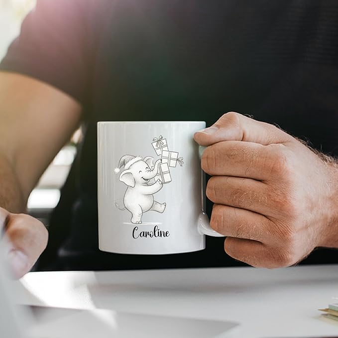 Cute Elephant Coffee Cup With Name, Personalized Elephant Lover Coffee Mug Gift For Men Women Kids Children, Awesome Animal White Ceramic Teacup 11 Oz 15 Oz, Custom Name Elephants Accent Coffee Mug-CubbioJoy